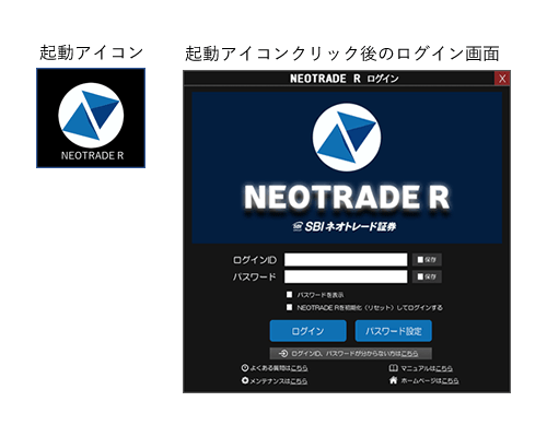 NEOTRADE Rのデスクトップ起動ボタンと起動後のログインイメージ