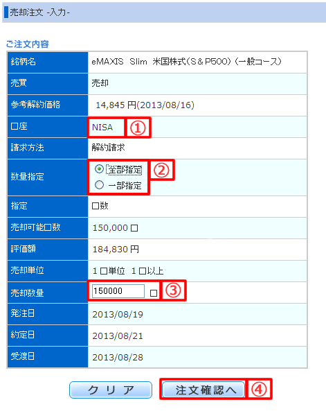 NISA口座の投資信託の売却注文入力画面