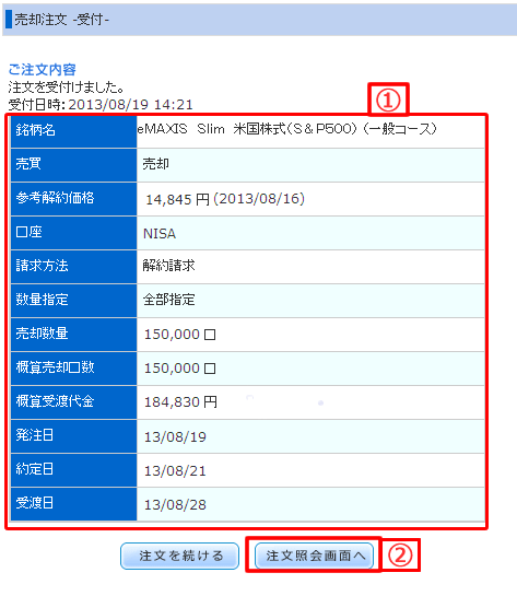 NISA口座の投資信託の売却注文完了画面