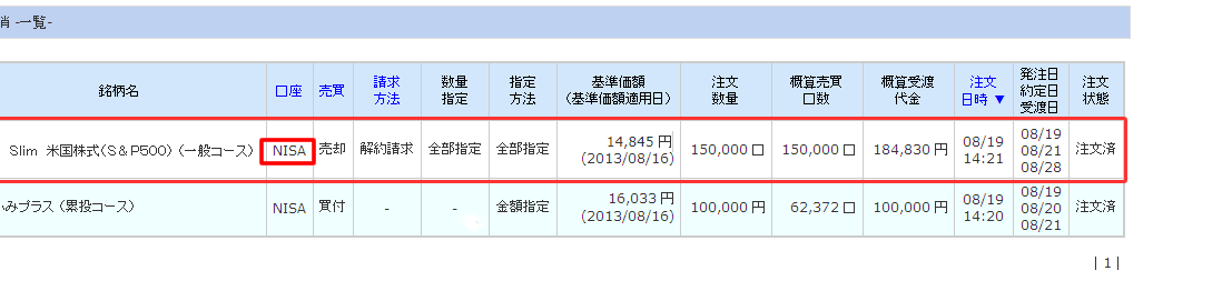 NISA口座の投資信託の売却注文内容照会画面