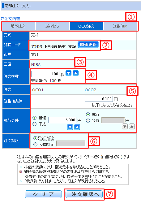 NISA口座の株式売却注文入力画面