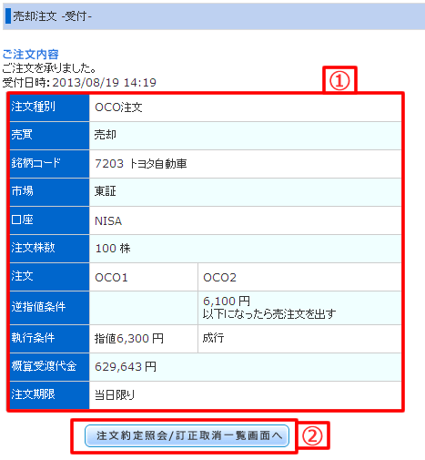 NISA口座の株式売却注文完了画面