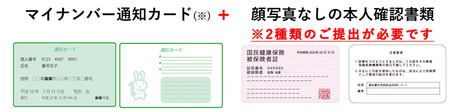 マイナンバー通知カード+顔写真なし本人確認書類2点