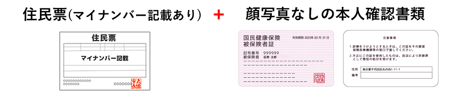 住民票（マイナ記載あり）+顔写真なし本人確認書類