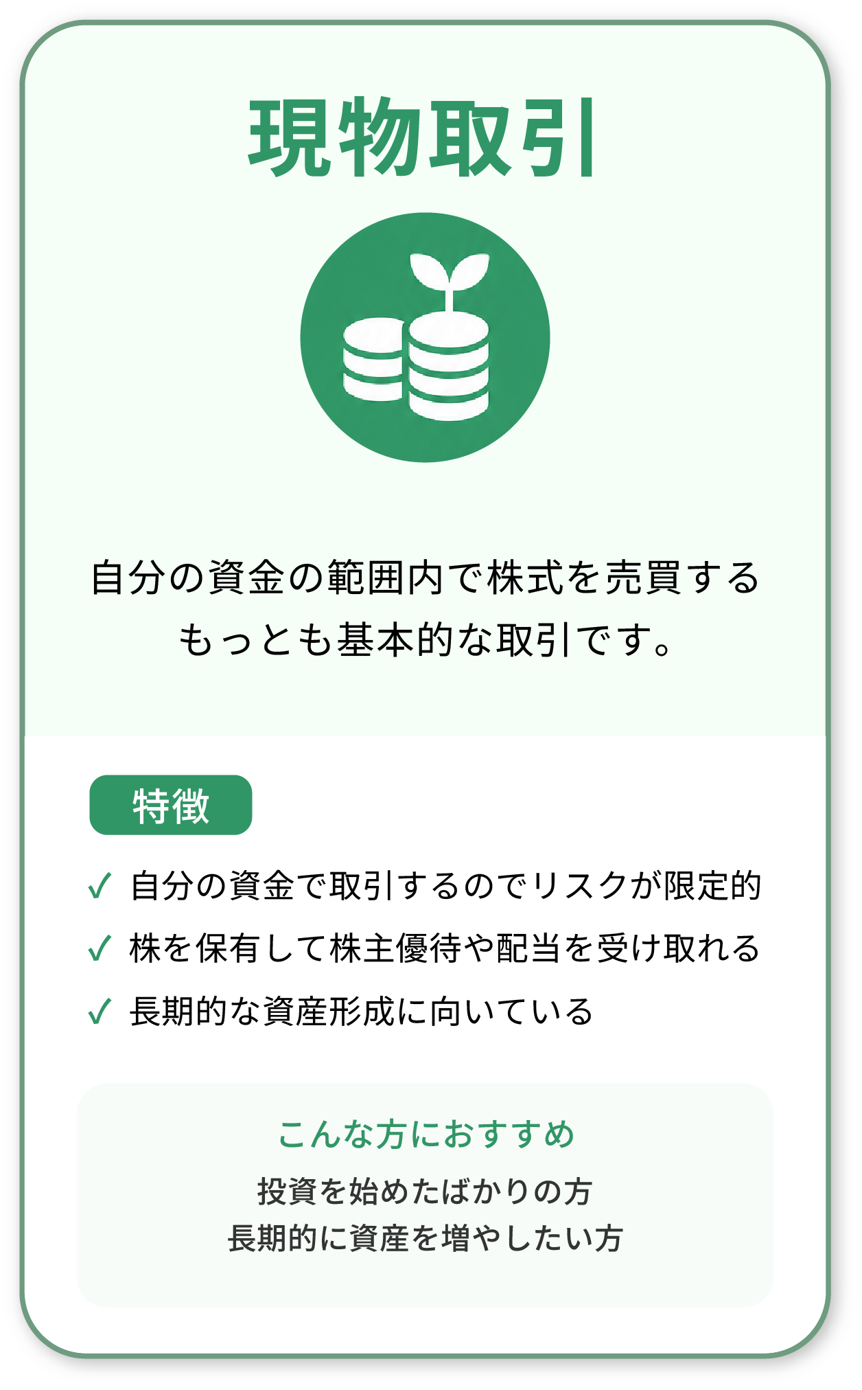 現物取引：自分の資金の範囲内で株式を売買するもっとも基本的な取引です。リスクが限定的、株主優待や配当、長期的な資産形成に向いている。投資を始めたばかりの方、長期的に資産を増やしたい方におすすめ。