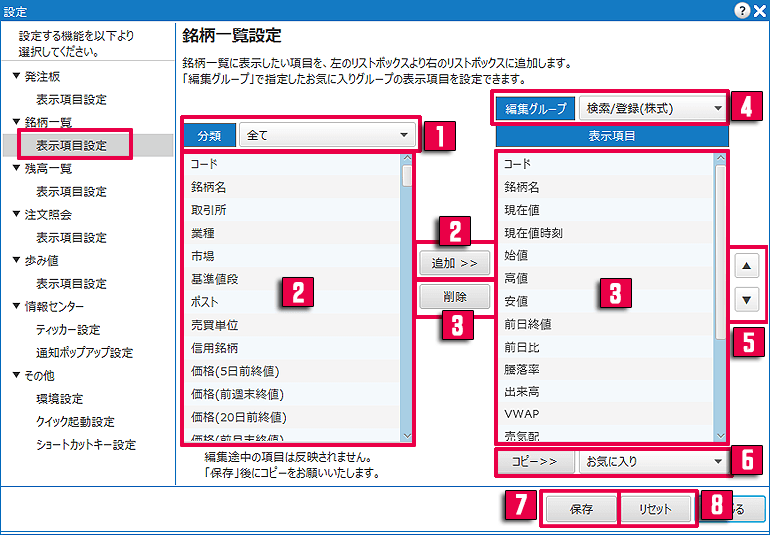 表示項目カスタマイズ