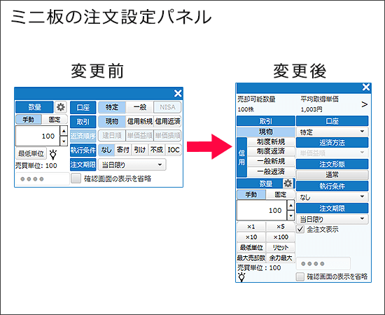 ミニ板の注文設定パネル