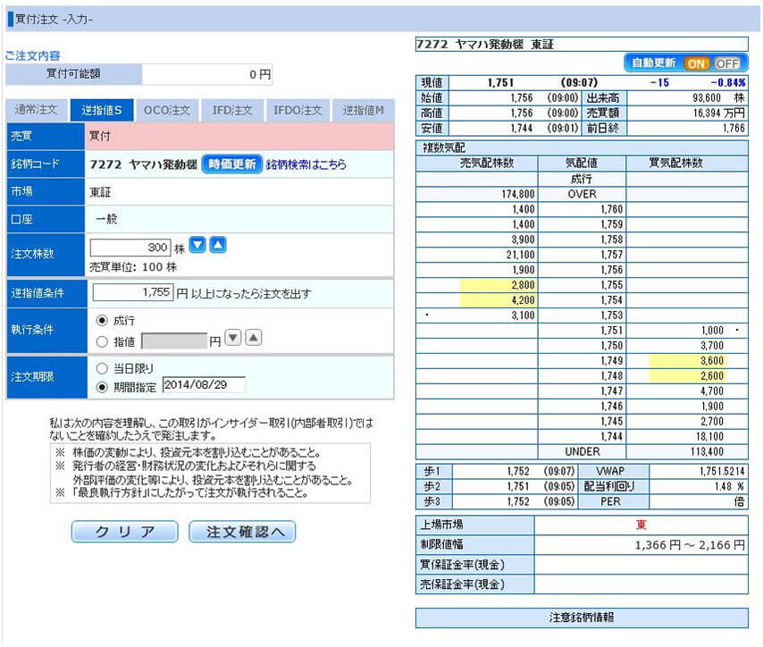 株式現物取引・逆指値注文